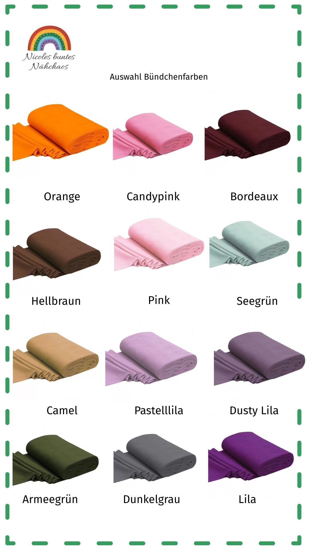 Beispielbild für Bündchenfarben, dargestellt auf Bündchenballen:
Orange, Candypink, Bordeaux, Hellbraun, Pink, Seegrün, Camel, Pastellila, Dusty Lila, Armeegrün, Dunkelgrau, Lila