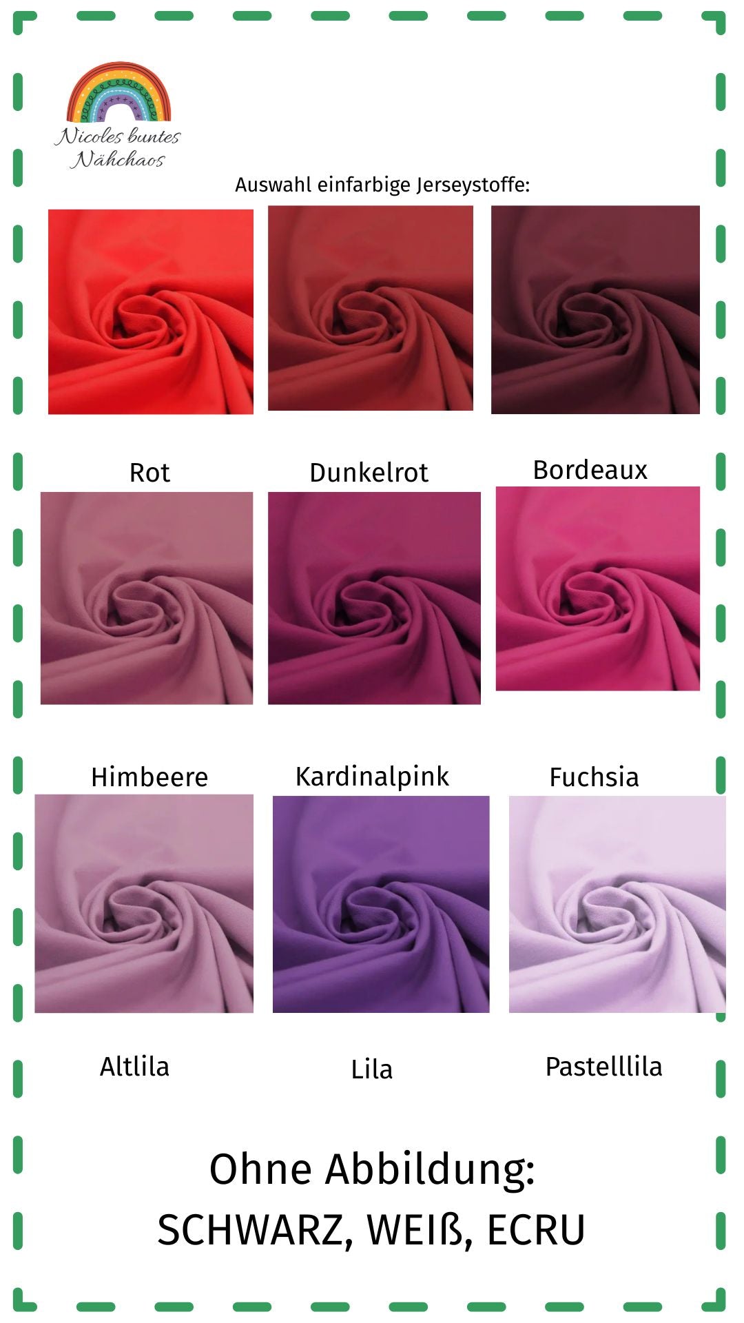 Präsentation der Farbauswahl für einfarbige durchgefärbte Jerseystoffe: Rot, Dunkelrot, Bordeaux, Himbeere, Kardinalpink, Fuchsia, Altlila, Lila, Pastellila. Hinweis: Ohne Abbildung: Schwarz, Weiß, Ecru
