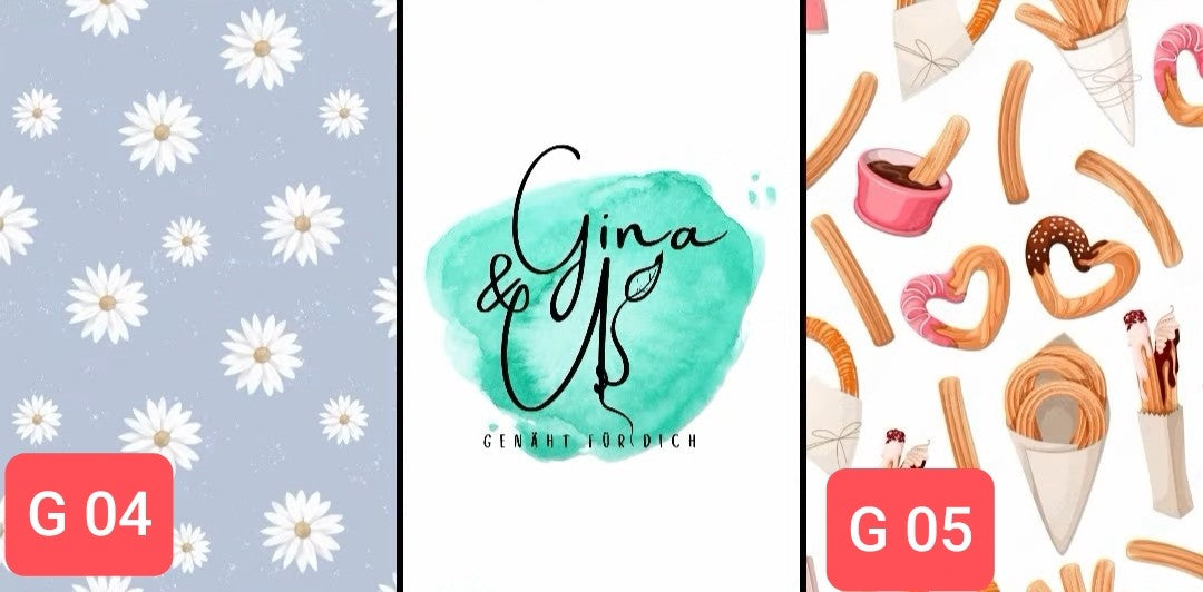 Vorschau auf die Motive bei Gina and U mit Ginas Logo in der Mitte