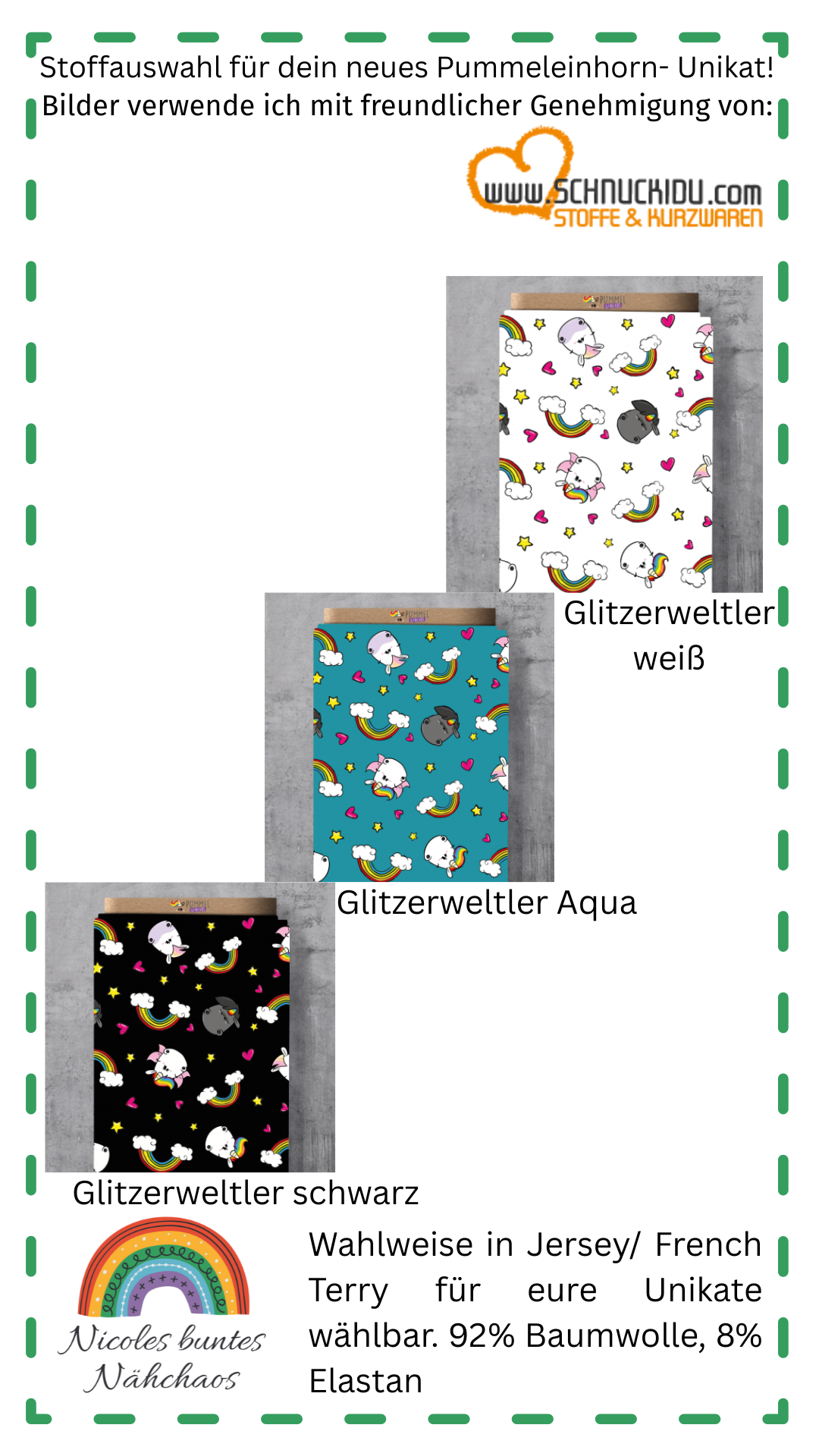 Auswahl Pummeleinhorn Stoffdesigns: Oben rechts: Design "Glitzerweltler weiß": Köpfe verschiedener Charaktäre wie Pummeleinhorn, Pummelfee, Grummeleinhorn und Zebrasus in einem Muster mit Sternchen in Gelb, Herzchen in Pink und Regenbogen auf weißem Hintergrund.
Mitte: Design "Glitzerweltler Aqua": Wie oben, nur mit Hintergrund in Aqua.
Unten links: "Glitzerweltler schwarz", wie die anderen beiden nur mit schwarzem Hintergrund.