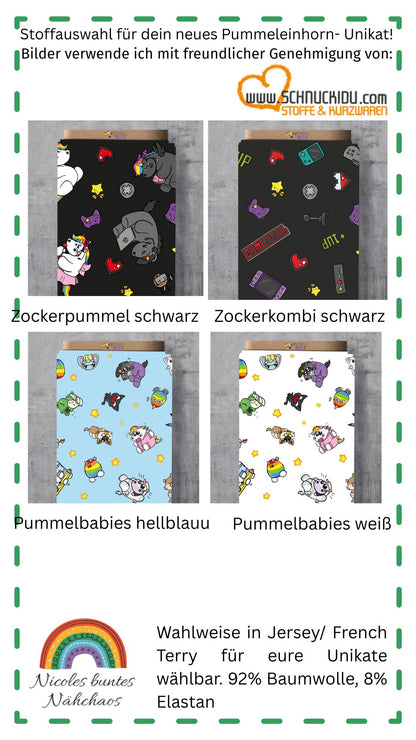 Handgemachte Kleidung aus Pummeleinhorn-Stoff – wähle dein Wunschdesign in Jersey oder French Terry.